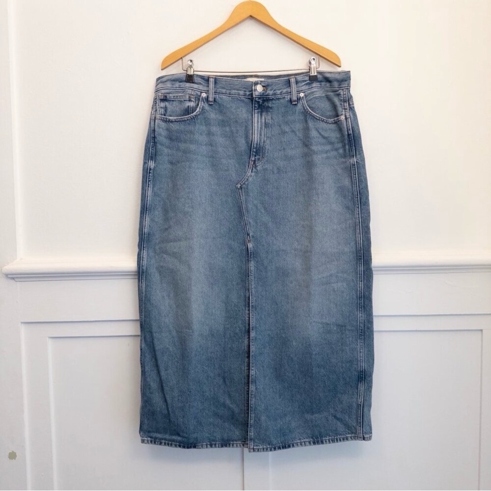 Madewell Size 33 100% Cotton Denim Midi Skirt Blue High Waist Classic Straight - Picture 2 of 5